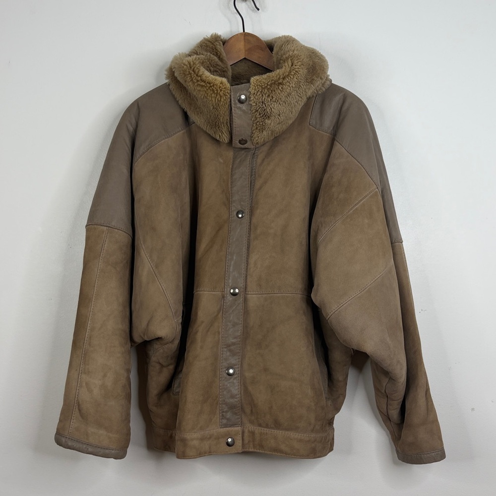 Vintage Leather Coat Womens 8 Brown Suede Faux Shearling 80s Oversized Baggy